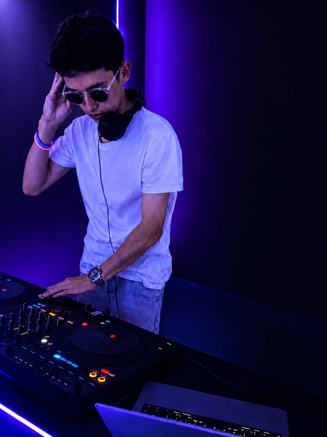 Dj Nøva aux platines, lunettes de soleil, ambiance néon violette